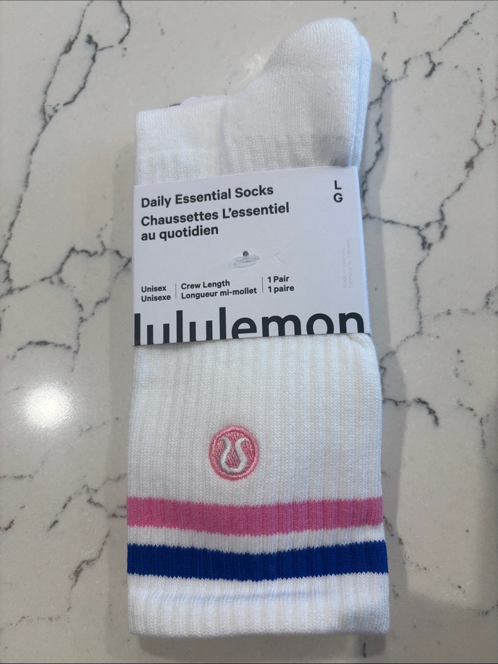 lululemon Daily Essential Crew Socks in White/Blue/Pink Size Large NWT